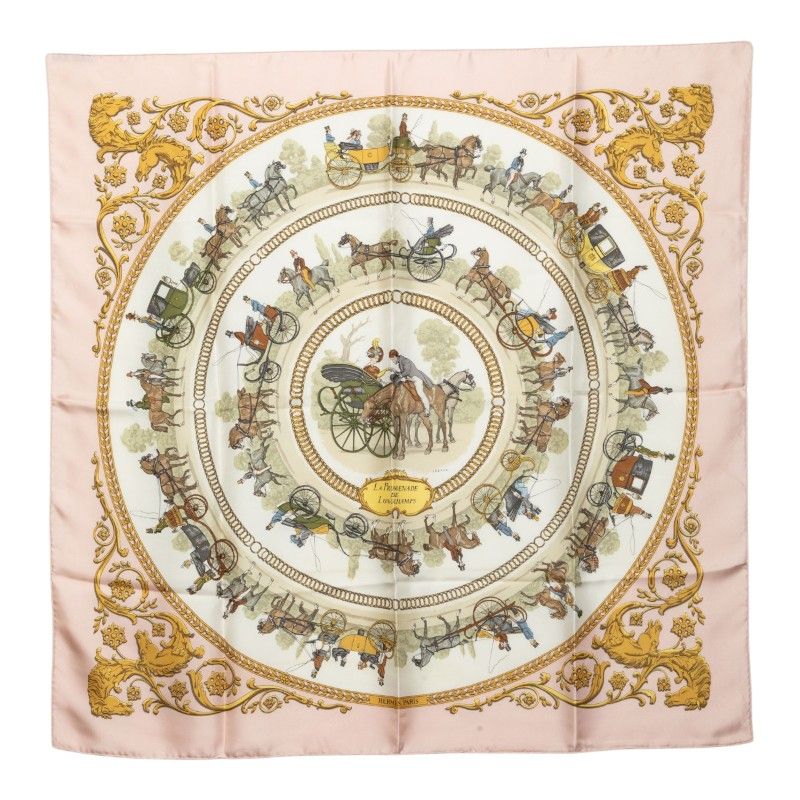 Hermes Carre 90 Walk to Longchamps la Promenade de Scarf Pink Multicolor Silk