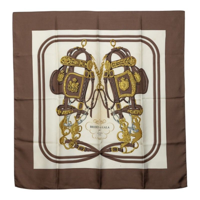 Hermes Carre 90 Brid Gala Ceremonial Bridle Scarf Brown Multicolor Silk