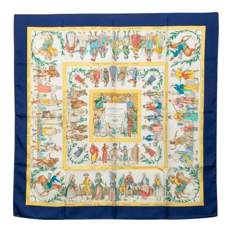 Hermes Carre 90 Costumes Civils Actuels Modern Citizen Scarf Navy Multicolor