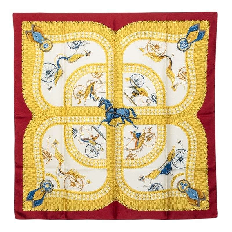 Hermes Carre 90 Voitures Paniers Cage Carriage Scarf Wine Red Multicolor Silk