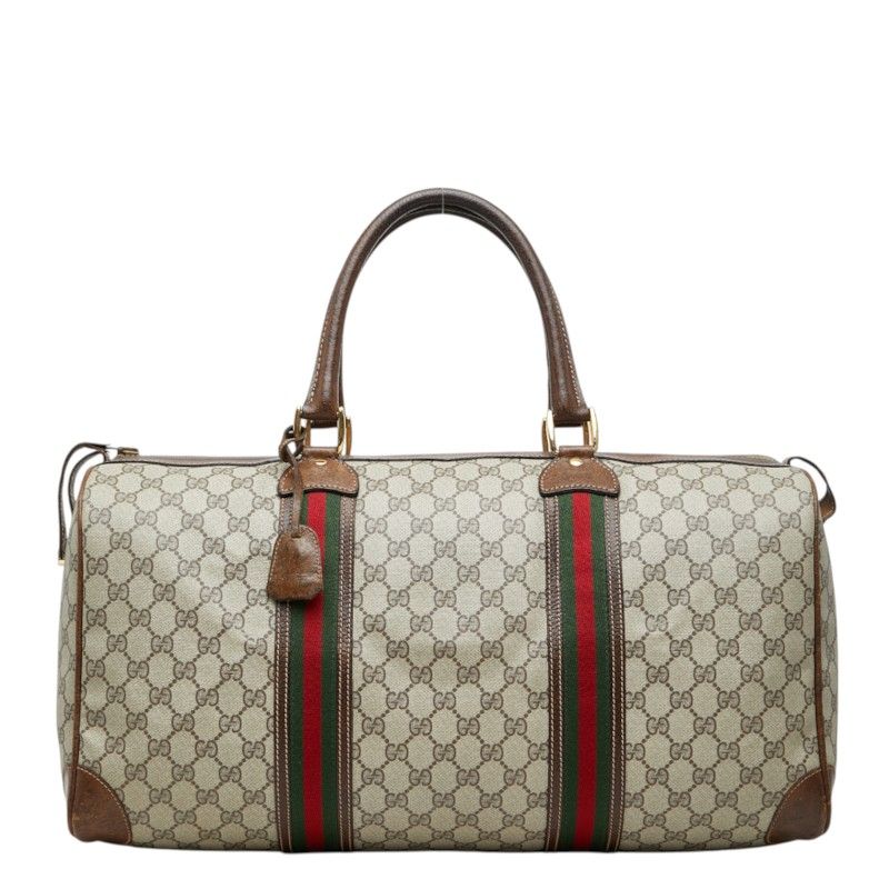 Gucci Sherry Line GG Supreme Boston Bag Beige Brown Leather