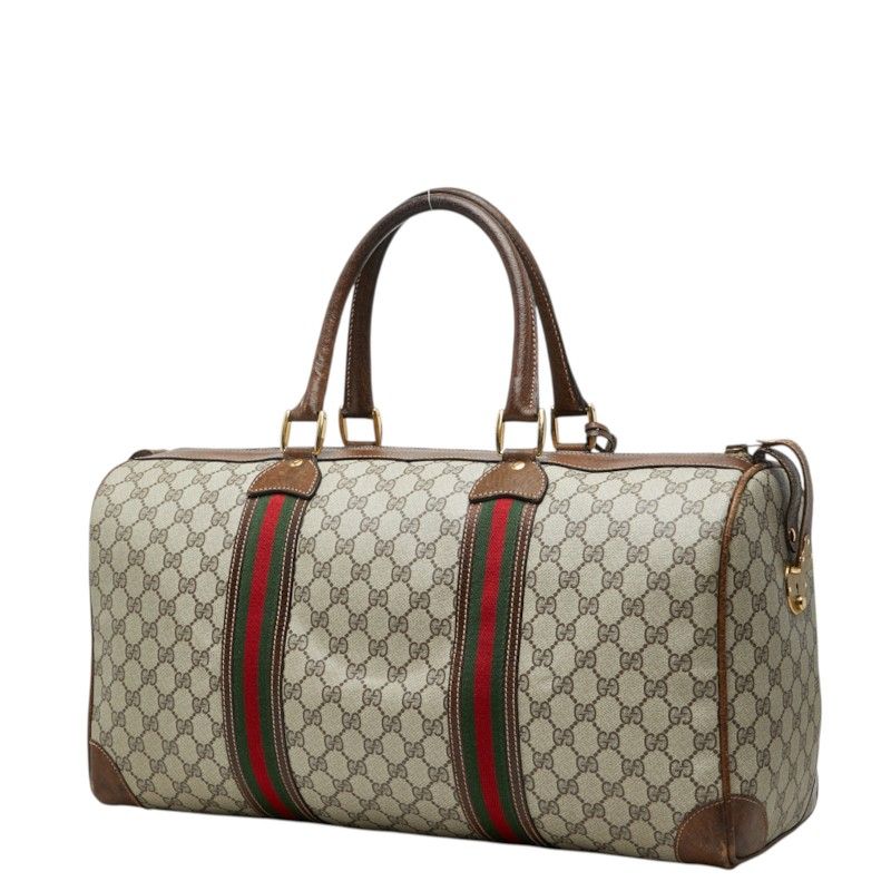 Gucci Sherry Line GG Supreme Boston Bag Beige Brown Leather — view 2