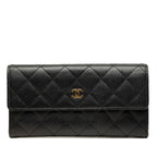 Chanel CC Logo Quilted Wallet Black Gold Caviar Leather