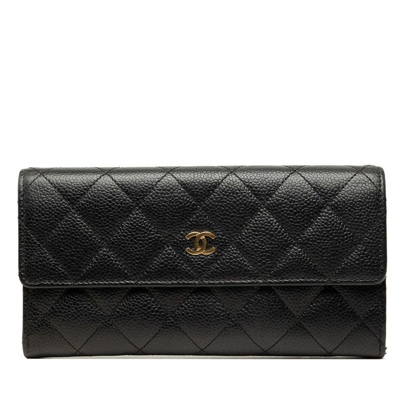Chanel CC Logo Quilted Wallet Black Gold Caviar Leather