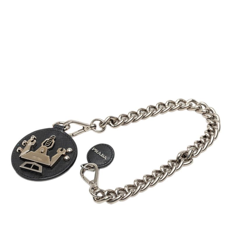 Prada Robo Motif Chain Logo Brooch Black Silver Metal Saffiano Leather