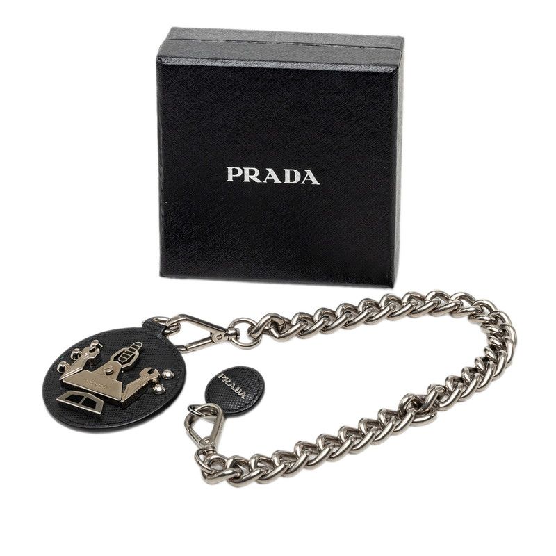 Prada Robo Motif Chain Logo Brooch Black Silver Metal Saffiano Leather — view 6