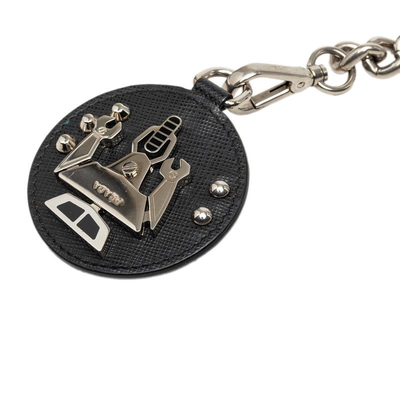 Prada Robo Motif Chain Logo Brooch Black Silver Metal Saffiano Leather — view 2