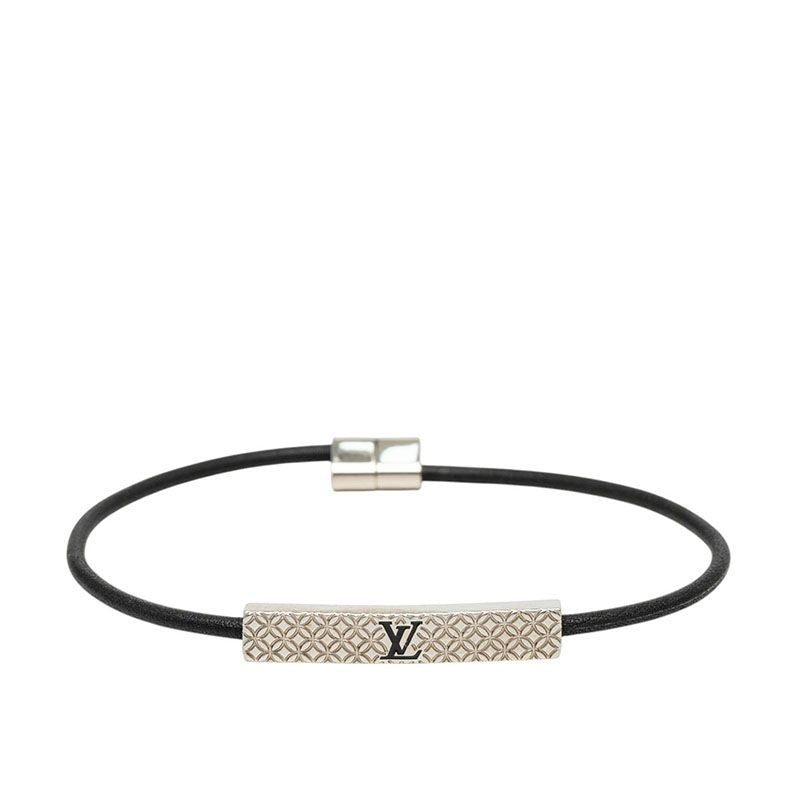 Louis Vuitton Bracelet Champs Elysees Logo Plate Silver Metal Leather