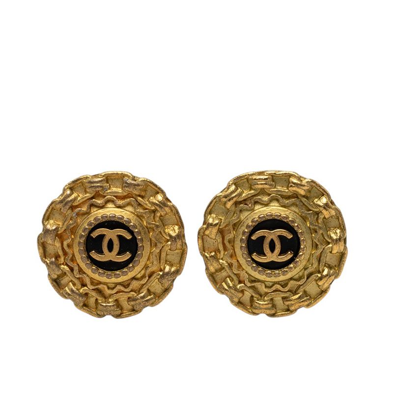 Chanel CC Logo Chain Motif Vintage Earrings Ear Clip 94A Gold Black Plated