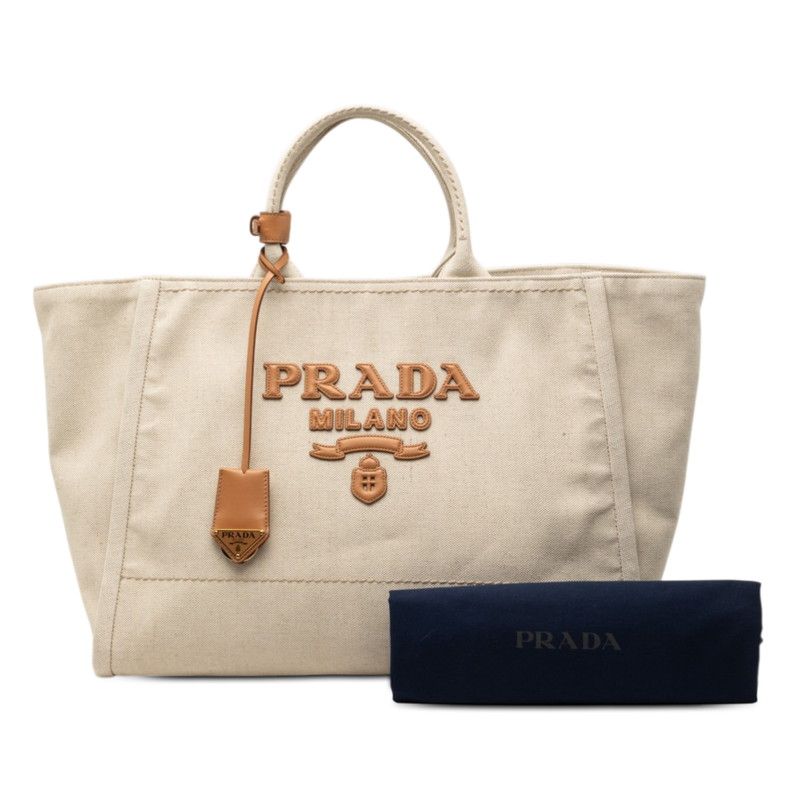 Prada Tote Bag Ivory Beige Canvas Leather — view 6
