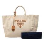 Prada Tote Bag Ivory Beige Canvas Leather — view 6