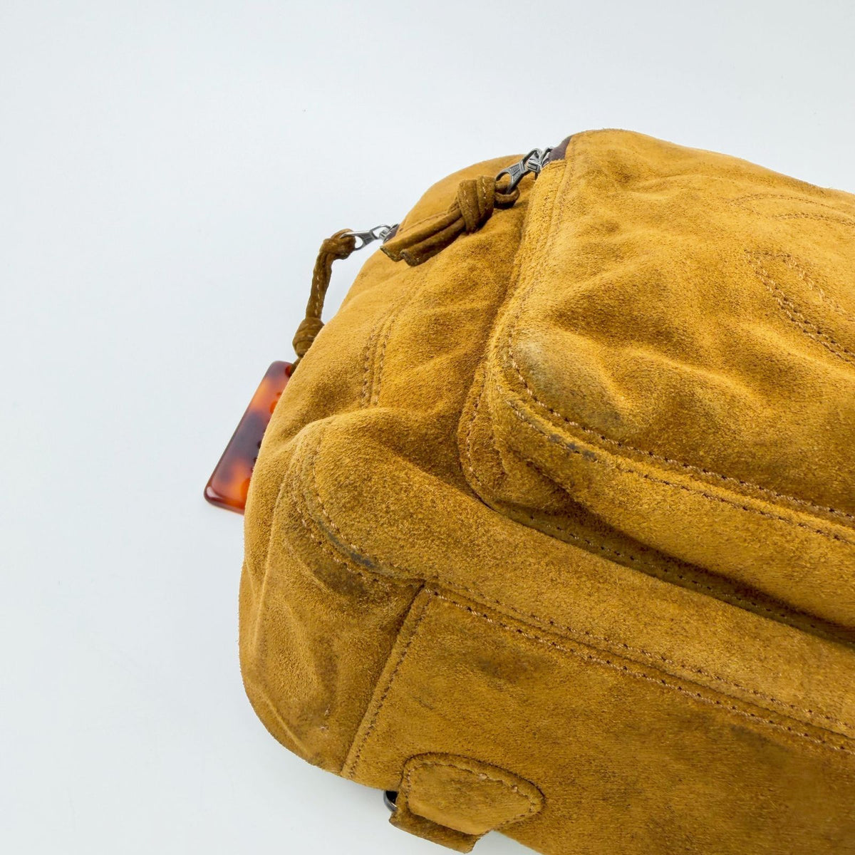 Chanel CC Logo Suede Tortoiseshell Backpack Mustard Brown Seal Vintage — view 6