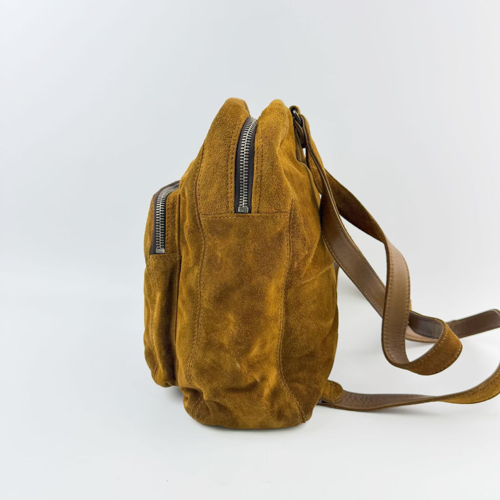 Chanel CC Logo Suede Tortoiseshell Backpack Mustard Brown Seal Vintage — view 3