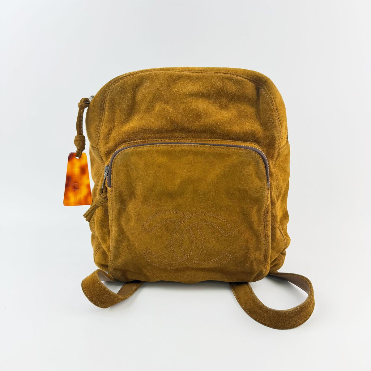 Chanel CC Logo Suede Tortoiseshell Backpack Mustard Brown Seal Vintage