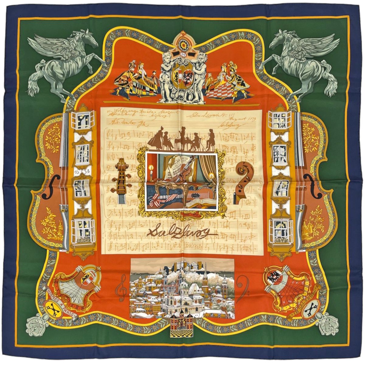 Hermes Carre 90 in Salzburg Scarf Silk Navy Green Multicolor