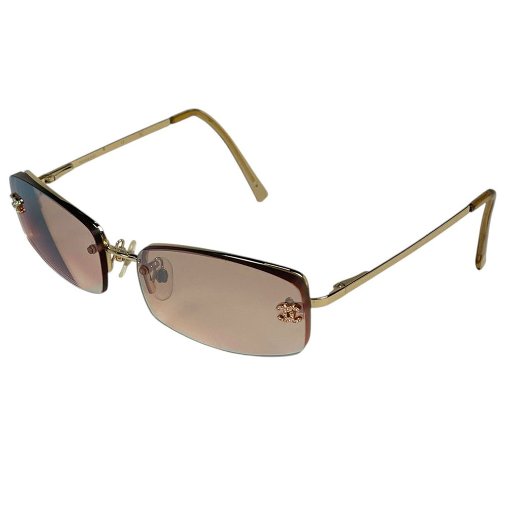 Chanel Sunglasses CC Logo Rimless Metal Rhinestone Brown Eyewear