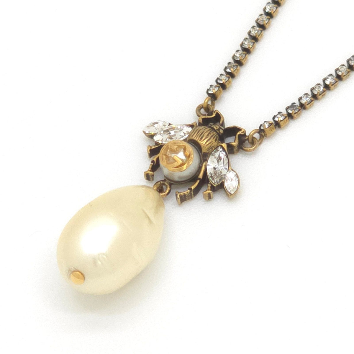 Gucci Be Drop Pearl Crystal Necklace Neck Gold Tone Metal Aging Finish