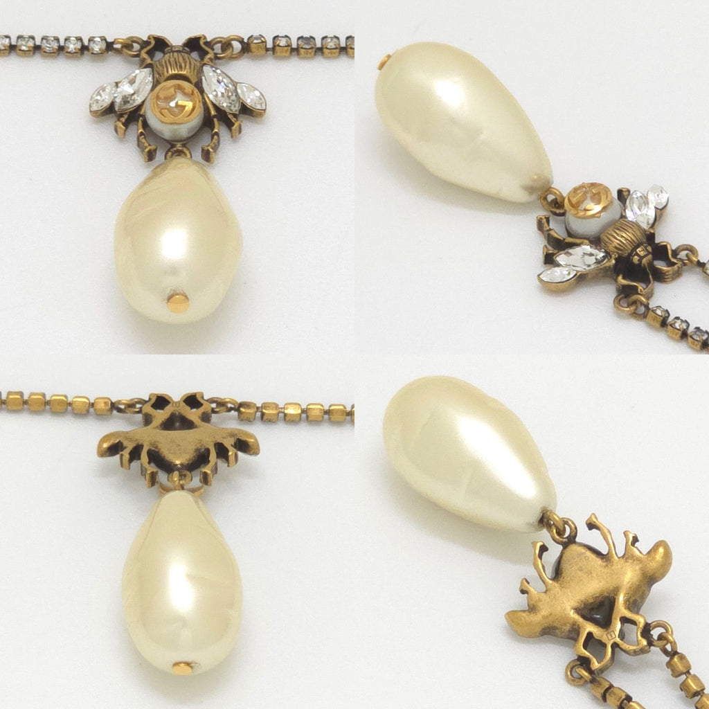 Gucci Be Drop Pearl Crystal Necklace Neck Gold Tone Metal Aging Finish — view 4