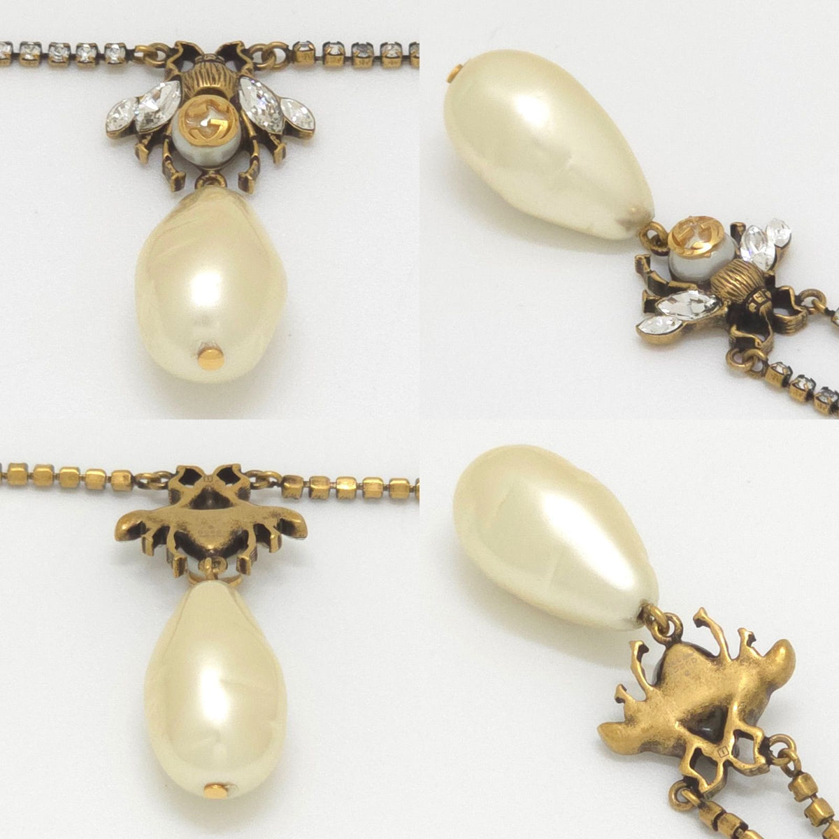 Gucci Be Drop Pearl Crystal Necklace Neck Gold Tone Metal Aging Finish — view 4