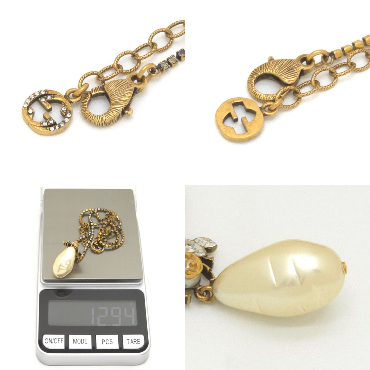Gucci Be Drop Pearl Crystal Necklace Neck Gold Tone Metal Aging Finish — view 7