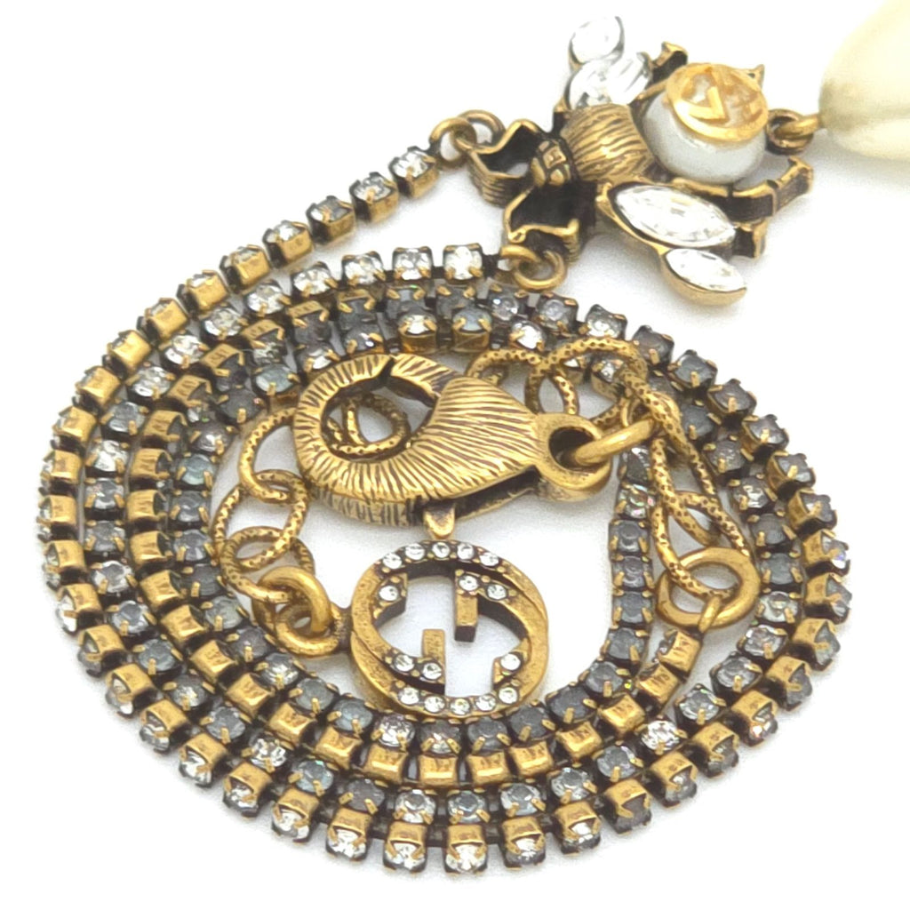 Gucci Be Drop Pearl Crystal Necklace Neck Gold Tone Metal Aging Finish — view 5