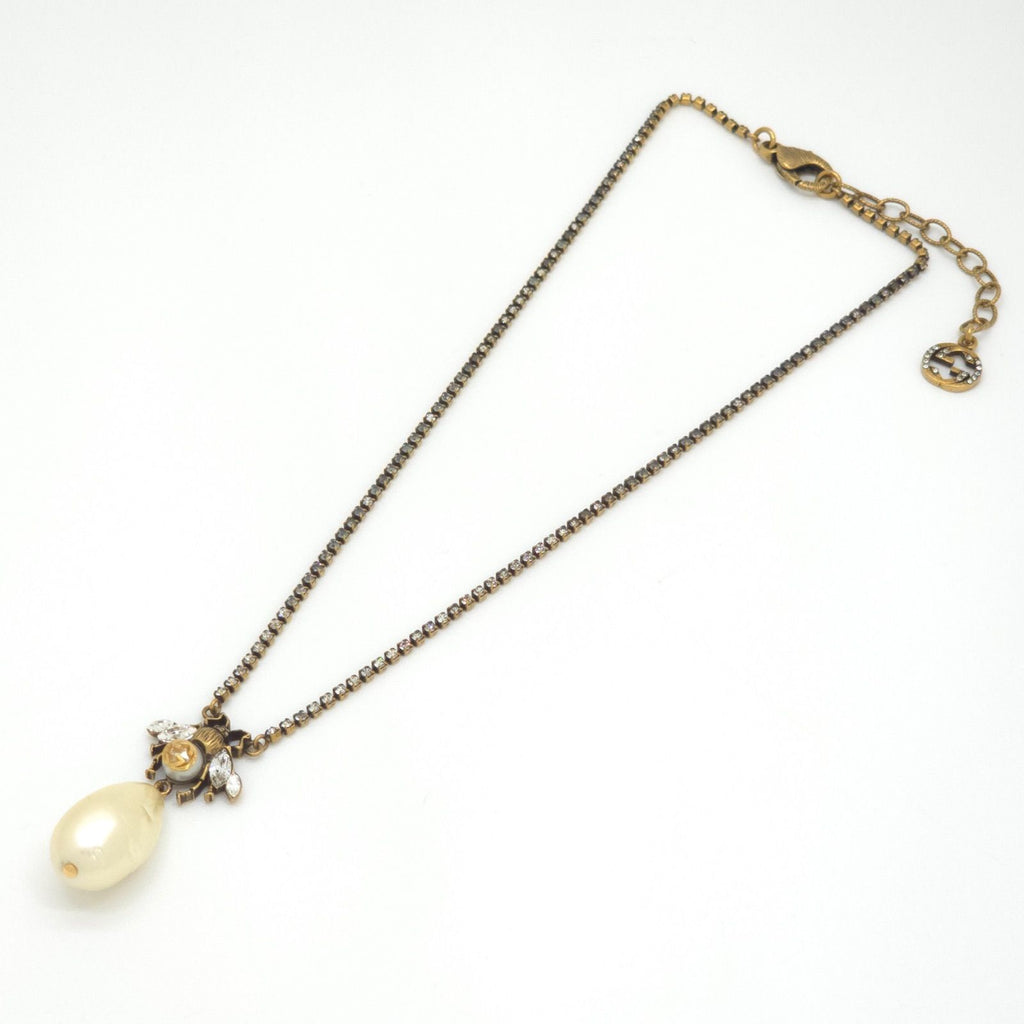 Gucci Be Drop Pearl Crystal Necklace Neck Gold Tone Metal Aging Finish — view 2