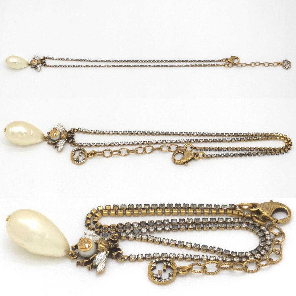 Gucci Be Drop Pearl Crystal Necklace Neck Gold Tone Metal Aging Finish — view 3