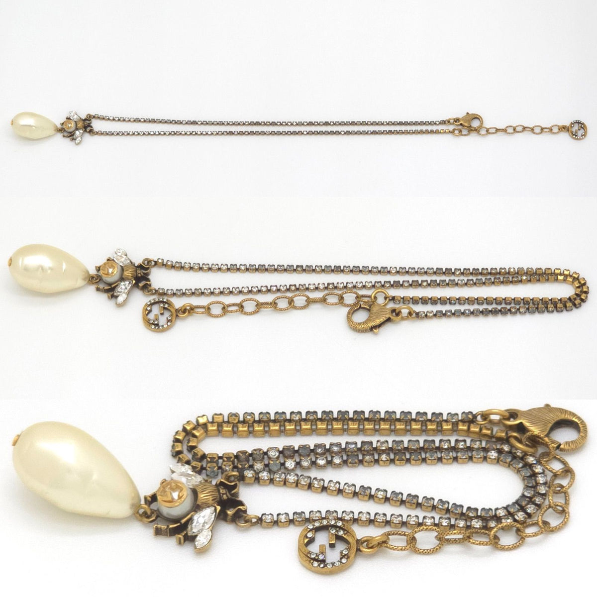 Gucci Be Drop Pearl Crystal Necklace Neck Gold Tone Metal Aging Finish — view 3