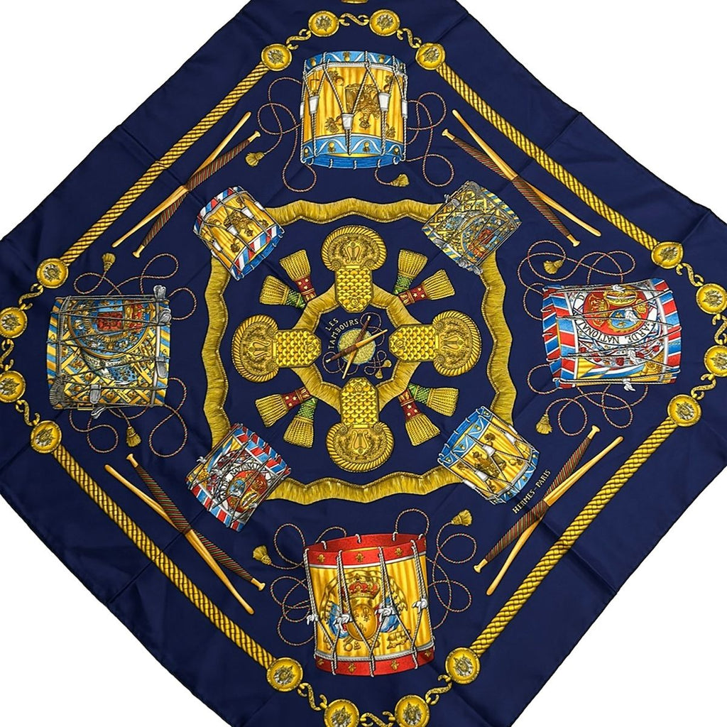 Hermes Scarf Carre 90 Navy Yellow Multi Les Tambours Silk