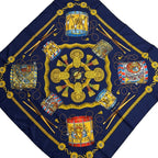 Hermes Scarf Carre 90 Navy Yellow Multi Les Tambours Silk