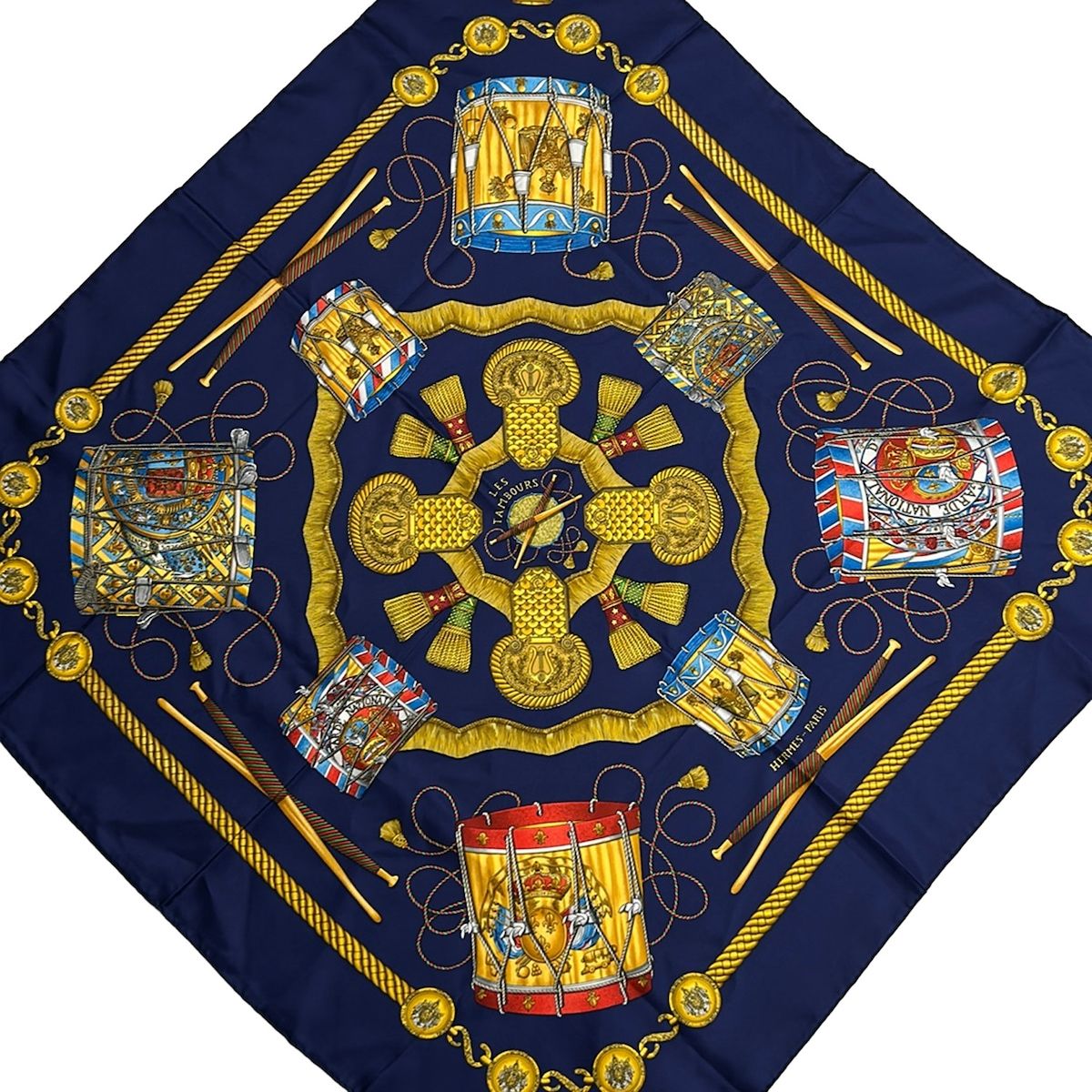 Hermes Scarf Carre 90 Navy Yellow Multi Les Tambours Silk