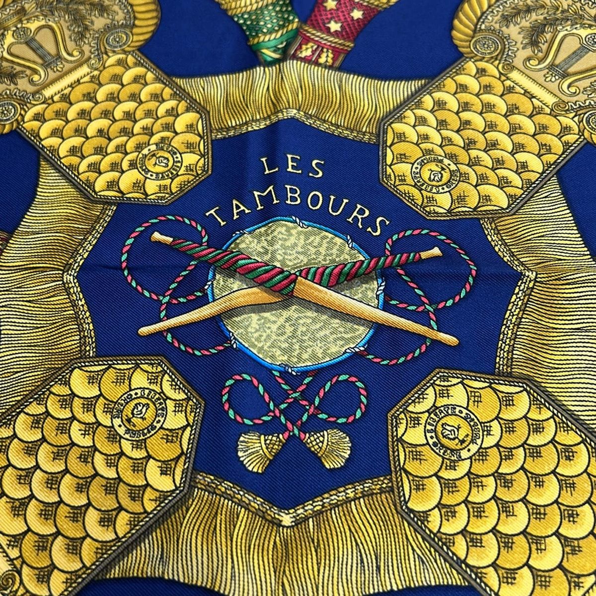 Hermes Scarf Carre 90 Navy Yellow Multi Les Tambours Silk — view 4