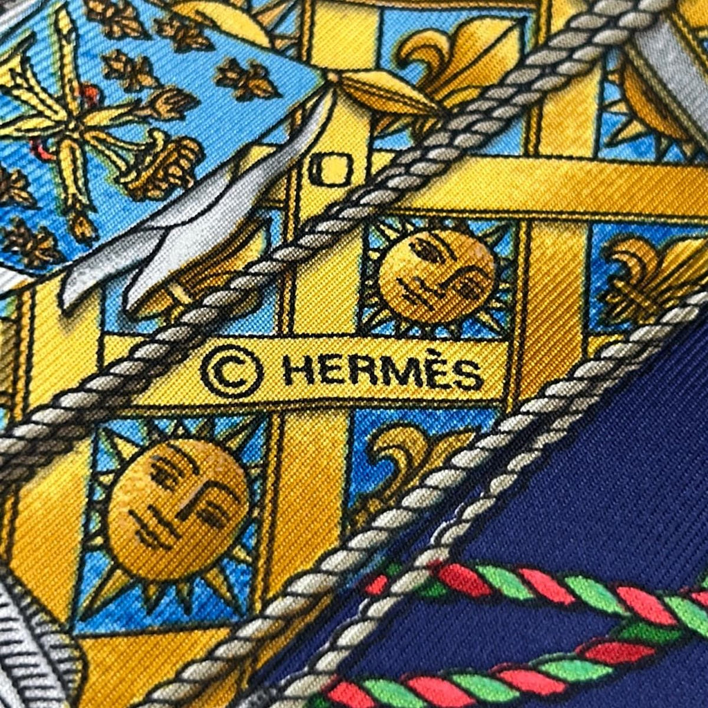 Hermes Scarf Carre 90 Navy Yellow Multi Les Tambours Silk — view 2