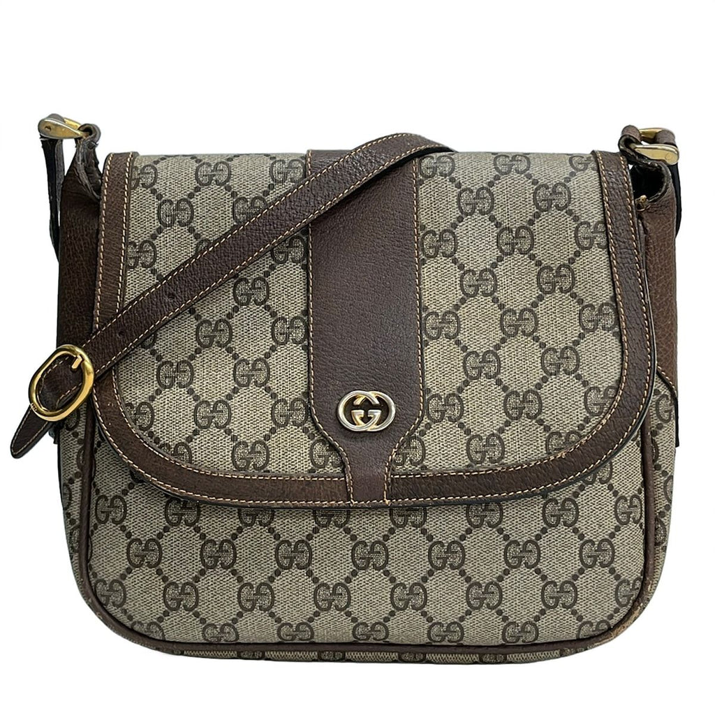 Gucci Shoulder Bag Vintage GG Pattern Beige Dark Brown Leather