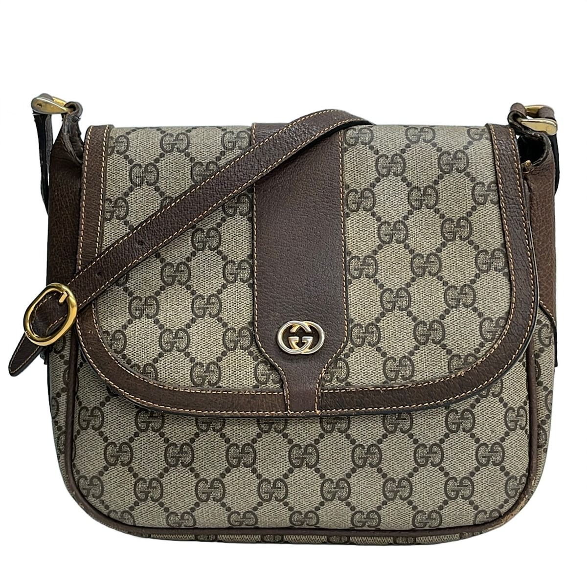 Gucci Shoulder Bag Vintage GG Pattern Beige Dark Brown Leather