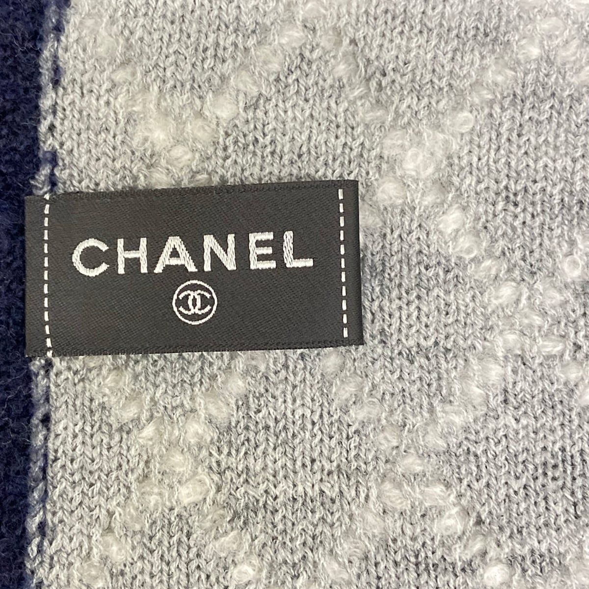 Chanel Scarf Ivory Gray Navy Reversible CC Logo Quilted Bicolor Wool Silk — view 2