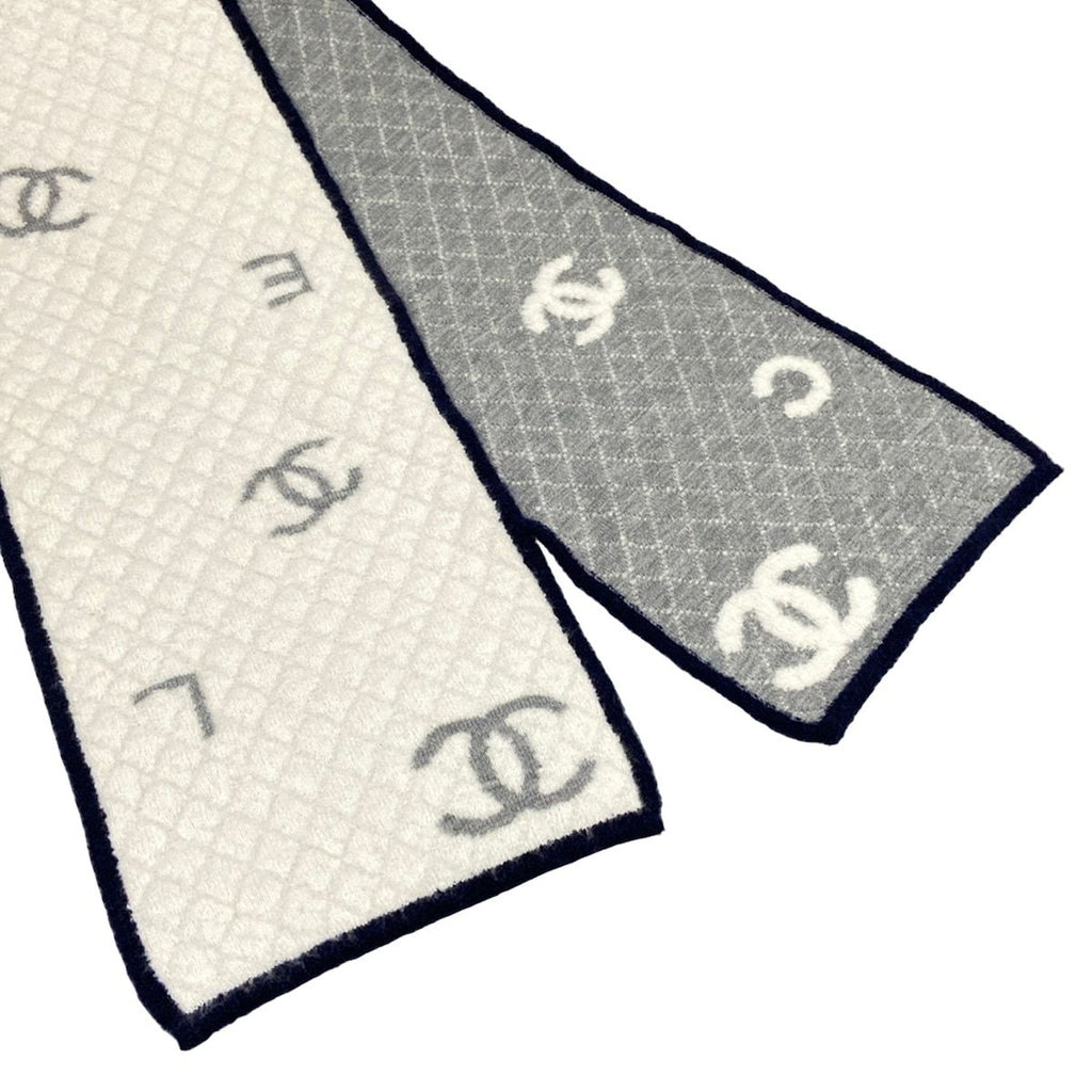 Chanel Scarf Ivory Gray Navy Reversible CC Logo Quilted Bicolor Wool Silk — view 4