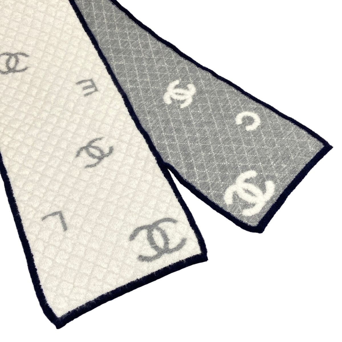 Chanel Scarf Ivory Gray Navy Reversible CC Logo Quilted Bicolor Wool Silk — view 4