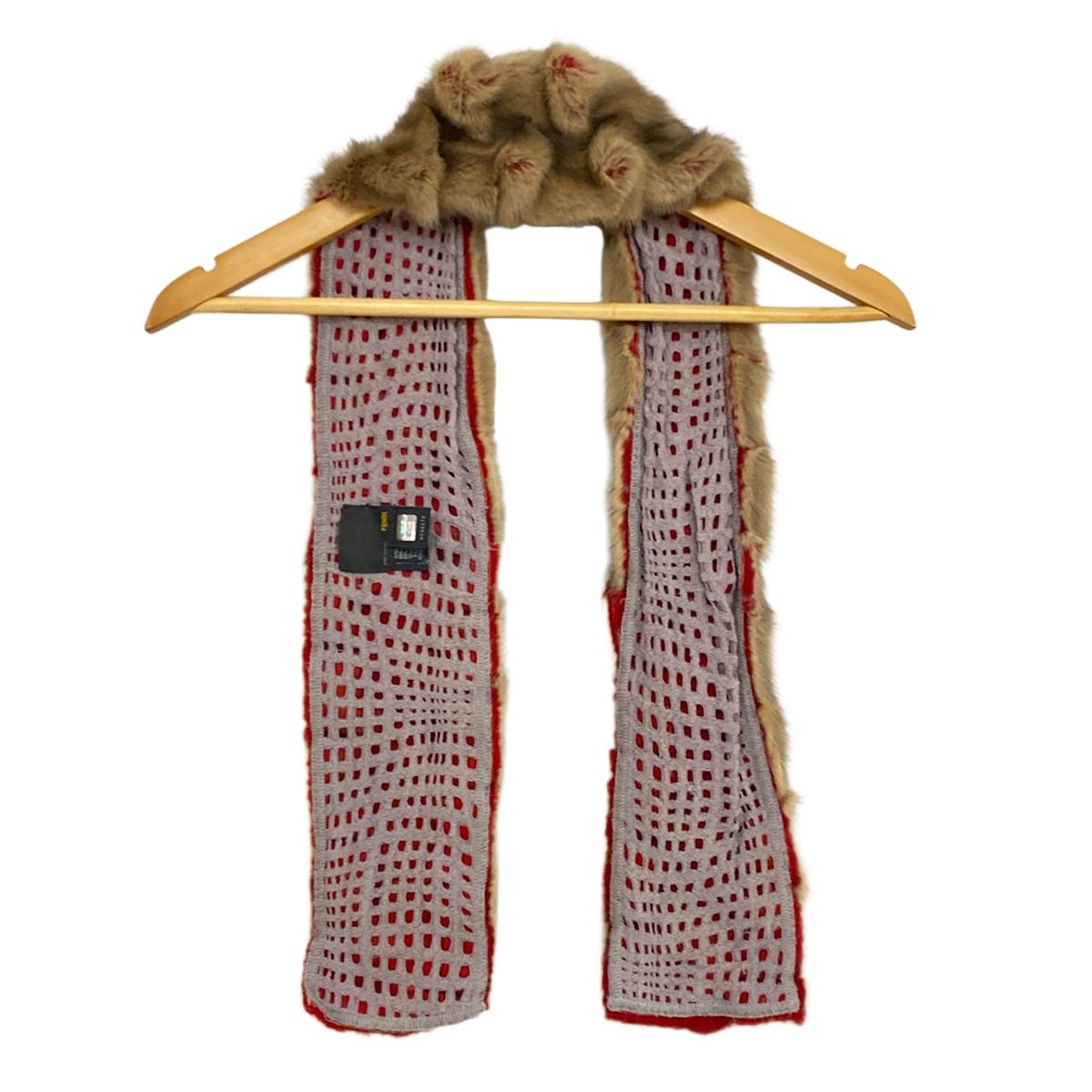 Fendi Scarf Beige Red Tippet Fur Cotton Wool — view 2