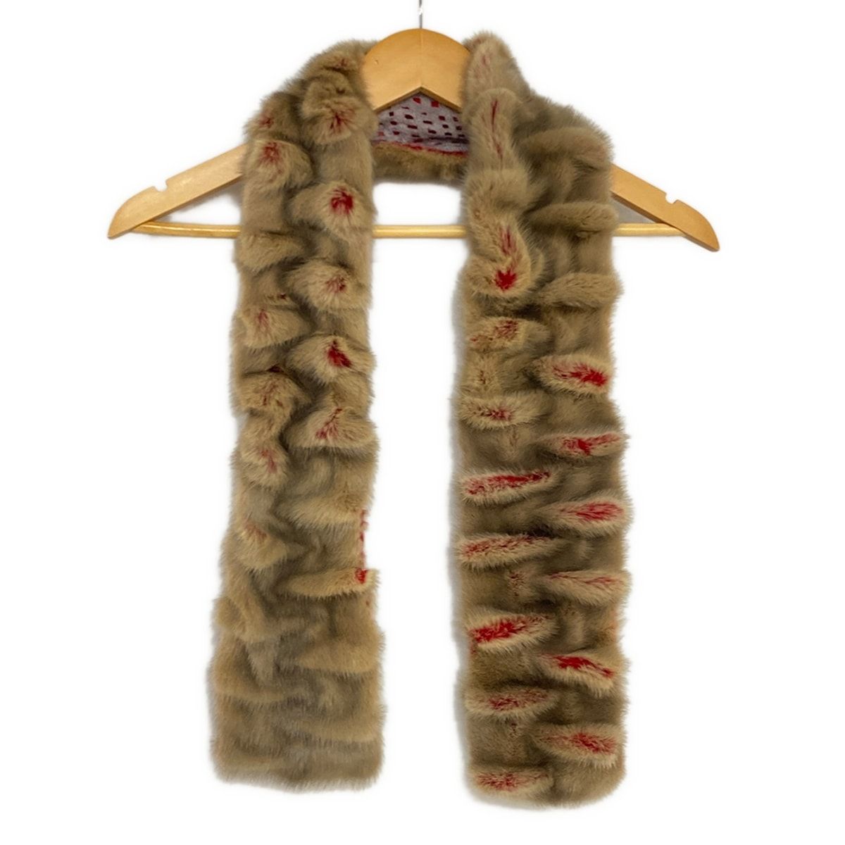 Fendi Scarf Beige Red Tippet Fur Cotton Wool