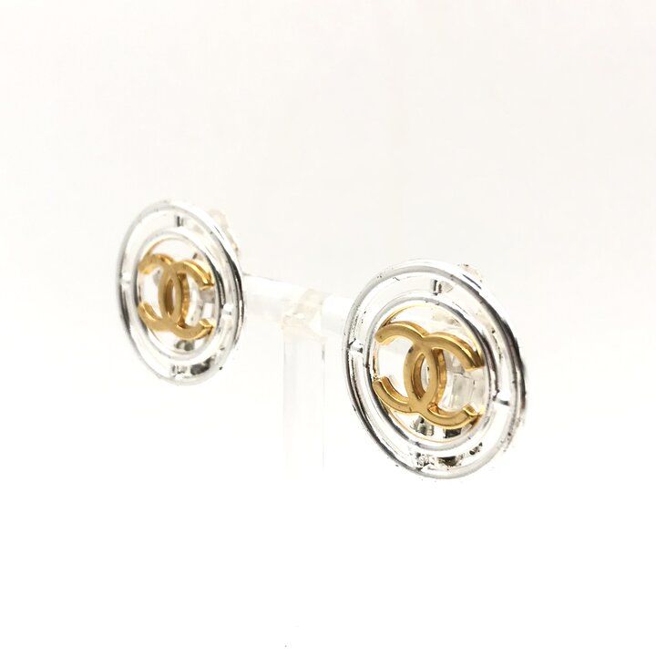 Chanel CC Logo Round Earrings Gold Silver — view 2