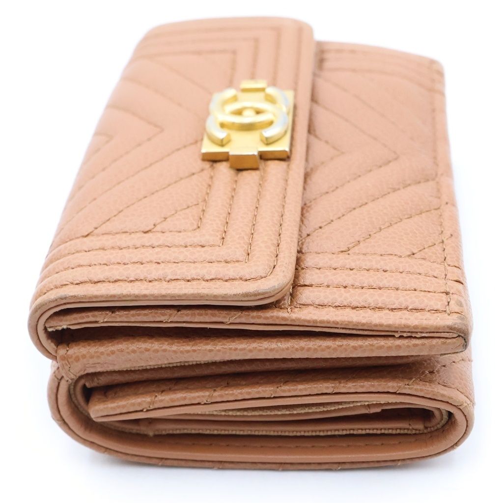 Chanel Boy Trifold Wallet Compact Coin Purse Caviar Leather Gold Pink Brown Seal — view 3