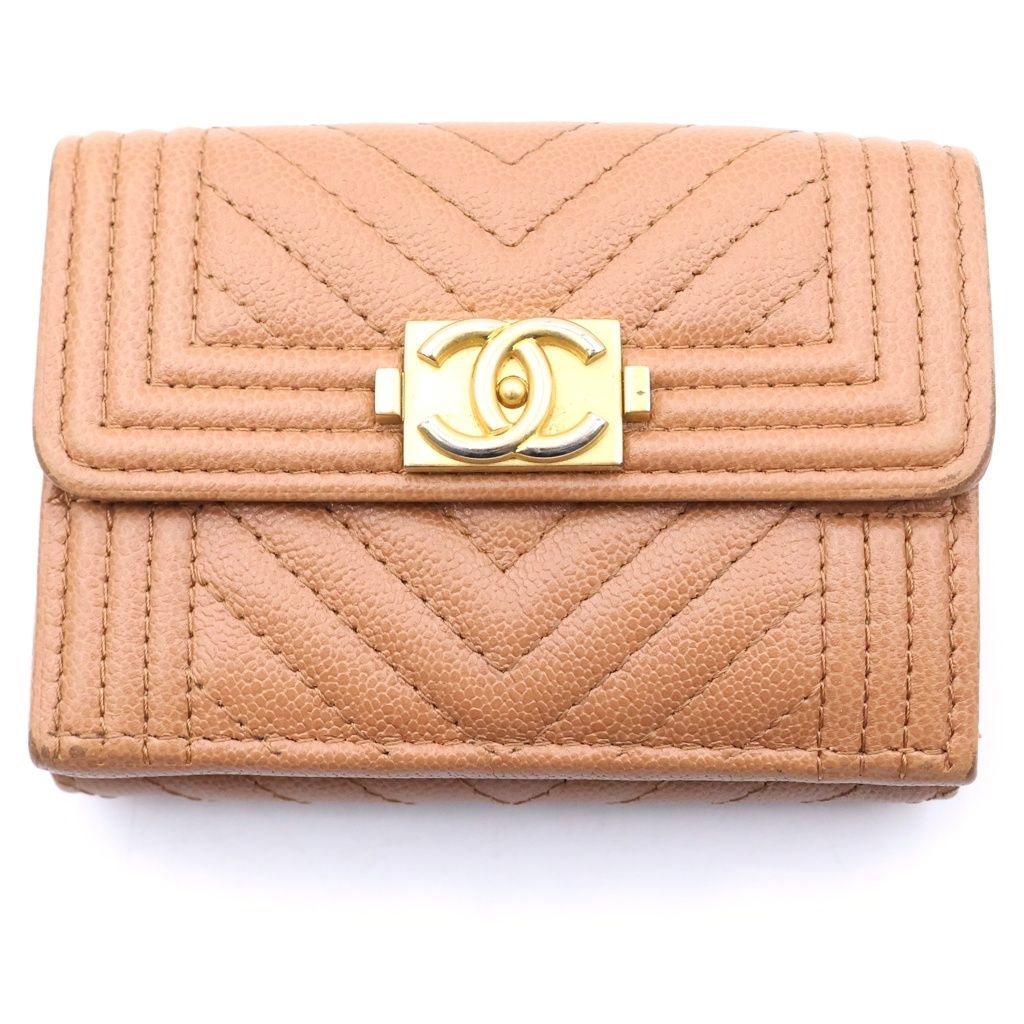Chanel Boy Trifold Wallet Compact Coin Purse Caviar Leather Gold Pink Brown Seal