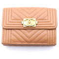 Chanel Boy Trifold Wallet Compact Coin Purse Caviar Leather Gold Pink Brown Seal