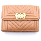 Chanel Boy Trifold Wallet Compact Coin Purse Caviar Leather Gold Pink Brown Seal