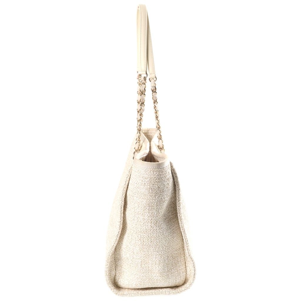 Chanel Deauville MM 2-Way Chain Shoulder Bag Tote Ivory Leather Canvas Gold — view 3