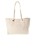 Chanel Deauville MM 2-Way Chain Shoulder Bag Tote Ivory Leather Canvas Gold — view 2