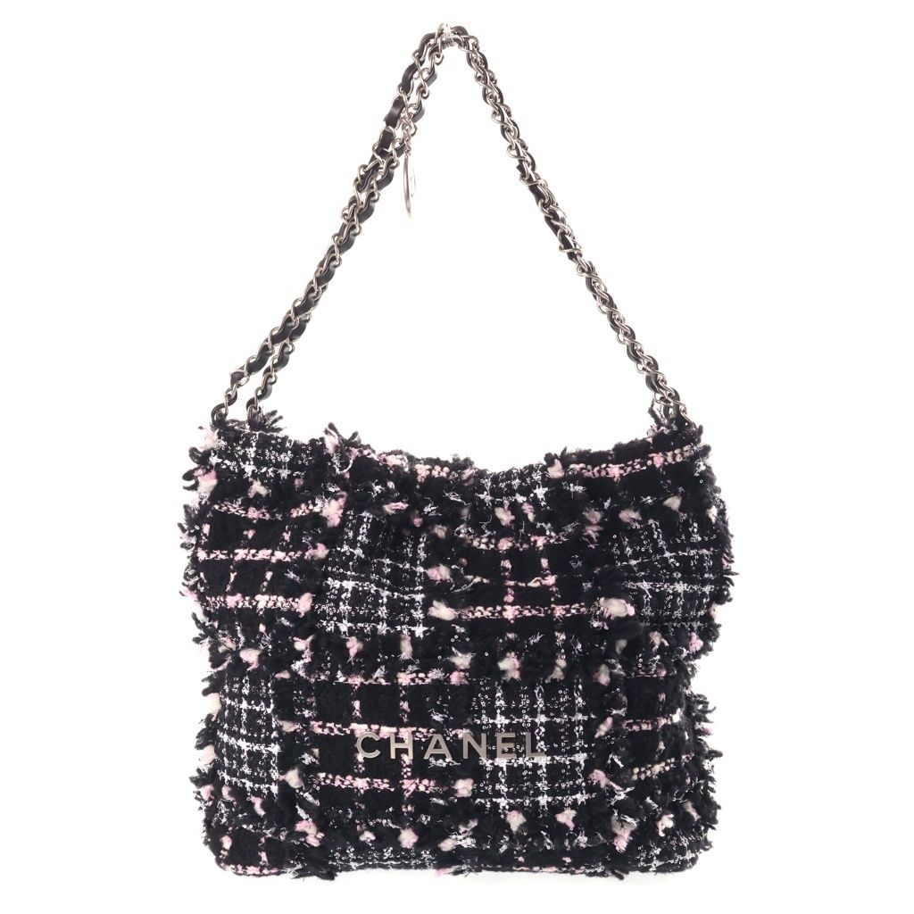 Chanel 22 2-Way Tote Chain Shoulder Bag Black Pink Leather Tweed Plate Silver