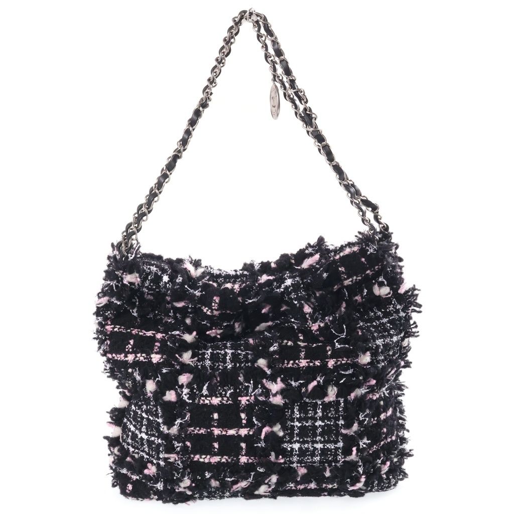 Chanel 22 2-Way Tote Chain Shoulder Bag Black Pink Leather Tweed Plate Silver — view 2