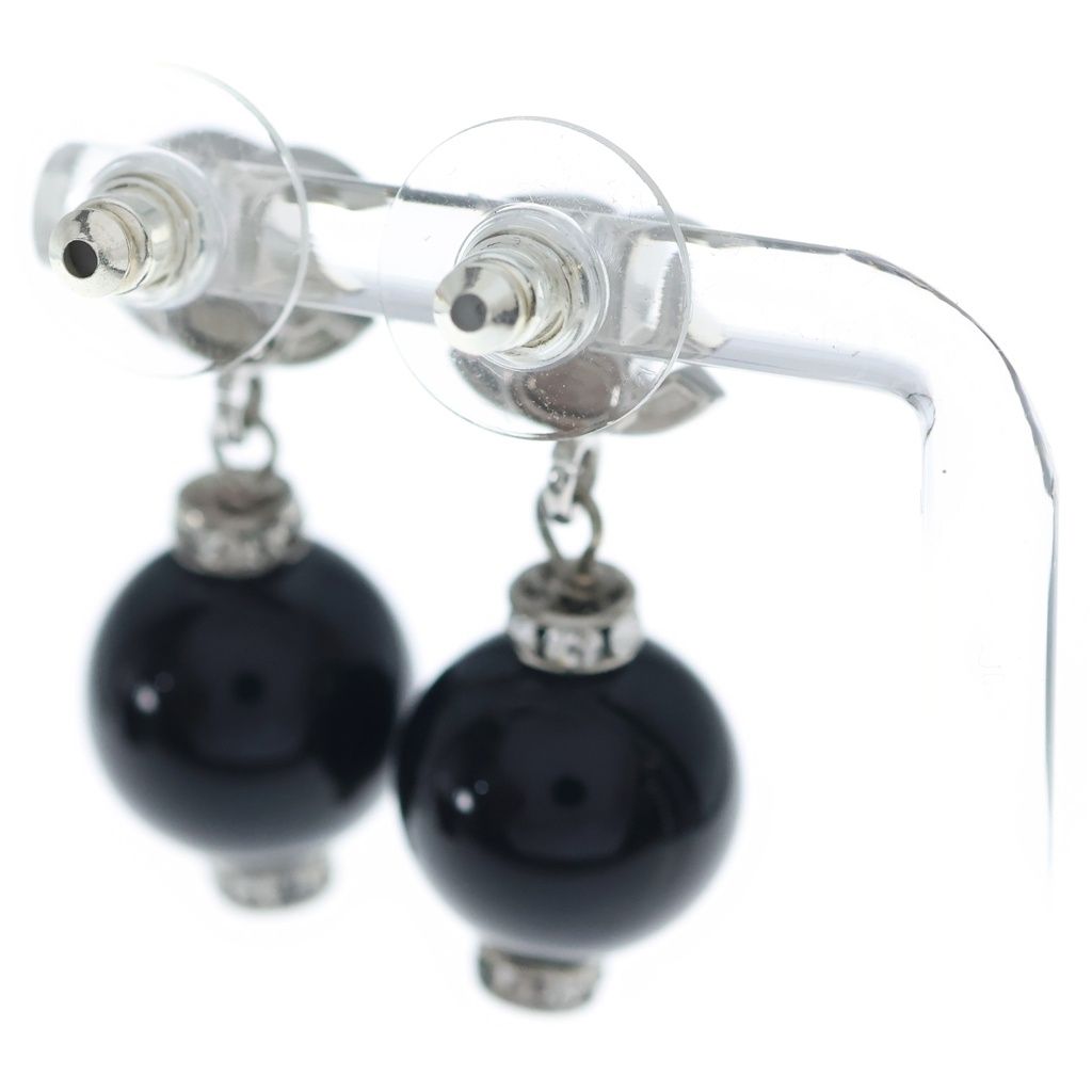 Chanel CC Logo Rhinestone Ball Earrings Silver Black — view 2